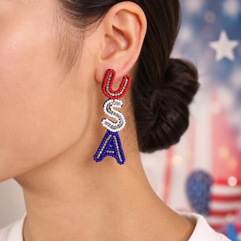 4th of July Earrings for Women- Handmade USA Beaded Dangle Earrings Patriotic Jewelry, Red White and Blue Outfits Accessories Gifts in Saudi Arabia
