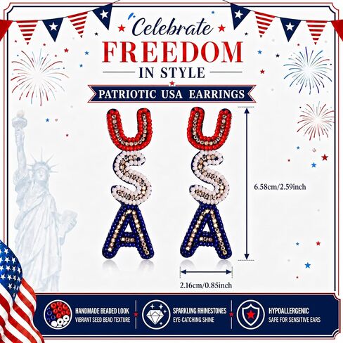 4th of July Earrings for Women- Handmade USA Beaded Dangle Earrings Patriotic Jewelry, Red White and Blue Outfits Accessories Gifts in Saudi Arabia