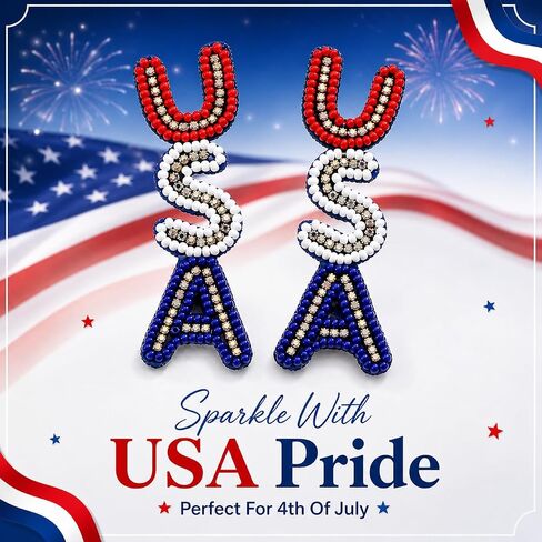 4th of July Earrings for Women- Handmade USA Beaded Dangle Earrings Patriotic Jewelry, Red White and Blue Outfits Accessories Gifts in Saudi Arabia