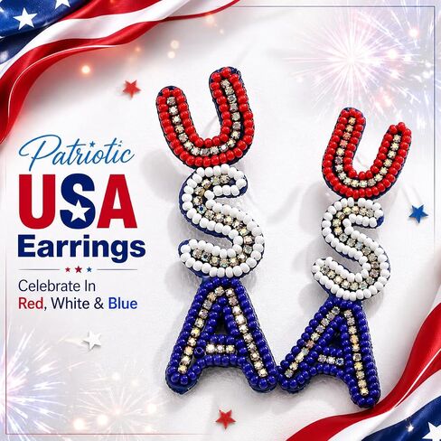 4th of July Earrings for Women- Handmade USA Beaded Dangle Earrings Patriotic Jewelry, Red White and Blue Outfits Accessories Gifts in Saudi Arabia