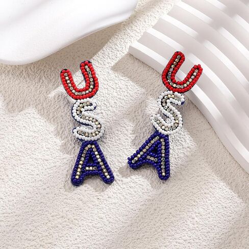 4th of July Earrings for Women- Handmade USA Beaded Dangle Earrings Patriotic Jewelry, Red White and Blue Outfits Accessories Gifts in Saudi Arabia