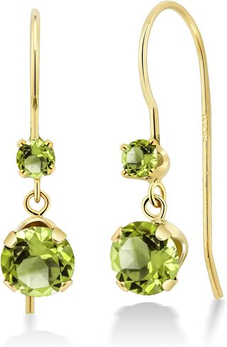 Gem Stone King 14K Yellow Gold Green Peridot French Wire Dangle Hook Earrings For Women | 1.24 Cttw | Gemstone August Birthstone | Round 5MM and 2.5MM in Kuwait