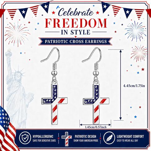4th of July Earrings for Women - Patriotic American Flag Cross Dangle Jewelry, Red White and Blue Outfits Accessories Gifts in Saudi Arabia