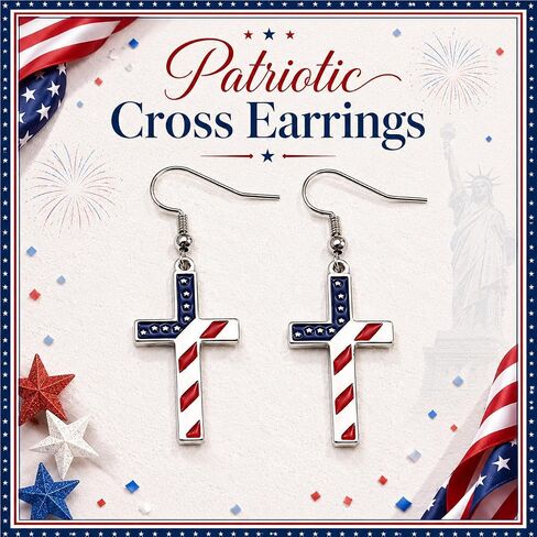 4th of July Earrings for Women - Patriotic American Flag Cross Dangle Jewelry, Red White and Blue Outfits Accessories Gifts in Saudi Arabia