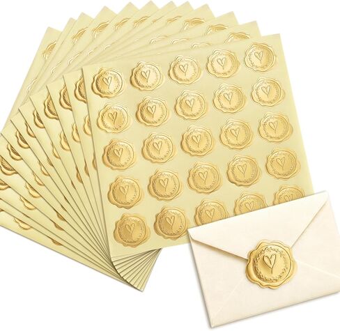 300pcs Gold Embossed Wax Seal Looking Heart Envelope Seals for Wedding Invitations/Greeting Cards/Party Favors, Self-Adhesive in Kuwait