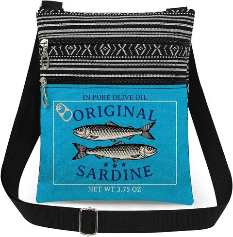 Retro Sardine Print Crossbody Bag Vintage Food Label with Original Sardine Text and Fish Design Messenger Bag Adjustable Strap Purse for Adults Unique Fashion Gift for Him and Her (Blue) in Kuwait
