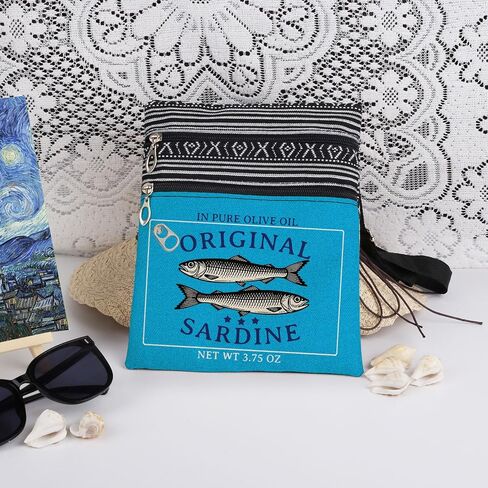 Retro Sardine Print Crossbody Bag Vintage Food Label with Original Sardine Text and Fish Design Messenger Bag Adjustable Strap Purse for Adults Unique Fashion Gift for Him and Her (Blue) in Kuwait
