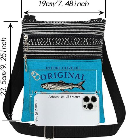 Retro Sardine Print Crossbody Bag Vintage Food Label with Original Sardine Text and Fish Design Messenger Bag Adjustable Strap Purse for Adults Unique Fashion Gift for Him and Her (Blue) in Kuwait