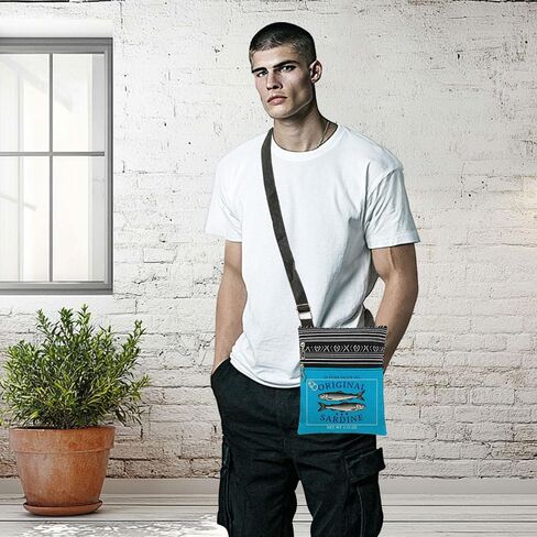 Retro Sardine Print Crossbody Bag Vintage Food Label with Original Sardine Text and Fish Design Messenger Bag Adjustable Strap Purse for Adults Unique Fashion Gift for Him and Her (Blue) in Kuwait