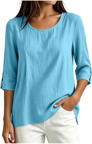 Womens Cotton Linen Shirts Round Neck Tab Rolled Up 3/4 Sleeve Tops Elegant Dressy Blouses Business Casual Outfits in Kuwait