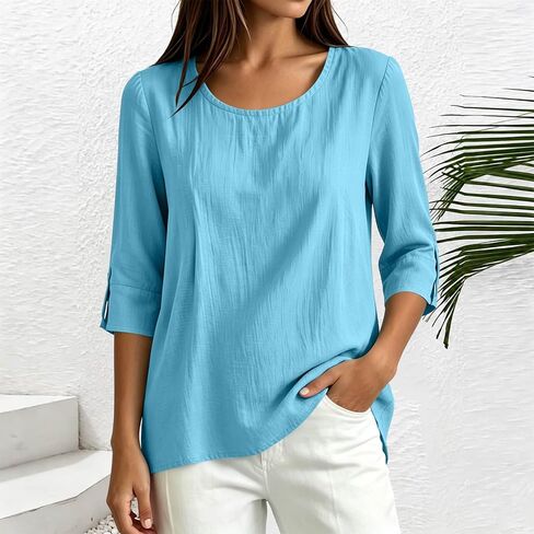 Womens Cotton Linen Shirts Round Neck Tab Rolled Up 3/4 Sleeve Tops Elegant Dressy Blouses Business Casual Outfits in Kuwait