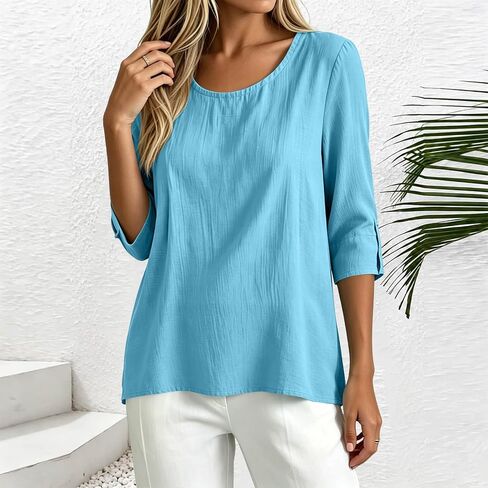 Womens Cotton Linen Shirts Round Neck Tab Rolled Up 3/4 Sleeve Tops Elegant Dressy Blouses Business Casual Outfits in Kuwait