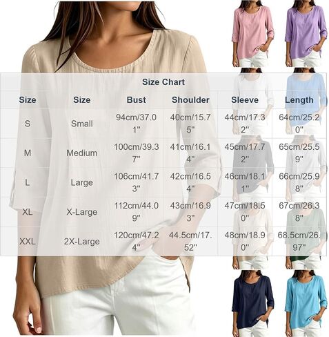 Womens Cotton Linen Shirts Round Neck Tab Rolled Up 3/4 Sleeve Tops Elegant Dressy Blouses Business Casual Outfits in Kuwait