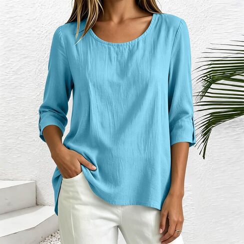 Womens Cotton Linen Shirts Round Neck Tab Rolled Up 3/4 Sleeve Tops Elegant Dressy Blouses Business Casual Outfits in Kuwait