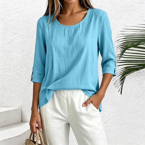 Womens Cotton Linen Shirts Round Neck Tab Rolled Up 3/4 Sleeve Tops Elegant Dressy Blouses Business Casual Outfits in Kuwait