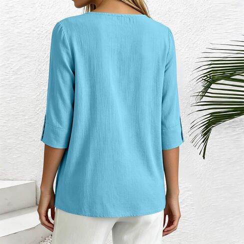 Womens Cotton Linen Shirts Round Neck Tab Rolled Up 3/4 Sleeve Tops Elegant Dressy Blouses Business Casual Outfits in Kuwait