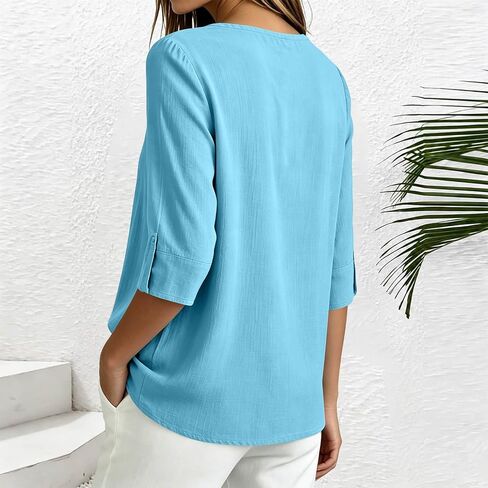 Womens Cotton Linen Shirts Round Neck Tab Rolled Up 3/4 Sleeve Tops Elegant Dressy Blouses Business Casual Outfits in Kuwait