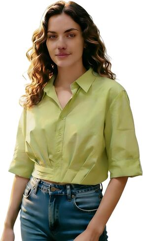 Womens 1/2 Sleeve Button Down Tops Crop Casual Collared Shirts Blouses Ruffle Tops Loose Fit in Saudi Arabia