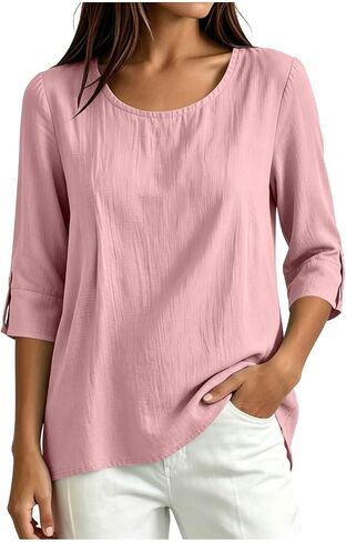 Womens Cotton Linen Shirts Round Neck Tab Rolled Up 3/4 Sleeve Tops Elegant Dressy Blouses Business Casual Outfits in Saudi Arabia