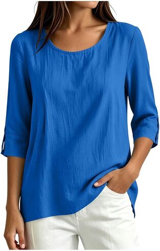Womens Cotton Linen Shirts Round Neck Tab Rolled Up 3/4 Sleeve Tops Elegant Dressy Blouses Business Casual Outfits in Kuwait