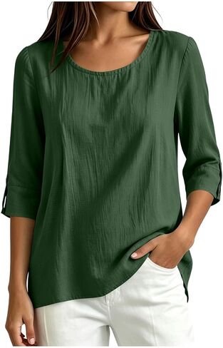 Womens Cotton Linen Shirts Round Neck Tab Rolled Up 3/4 Sleeve Tops Elegant Dressy Blouses Business Casual Outfits in Kuwait