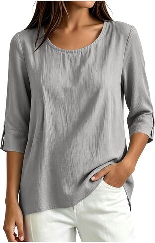 Womens Cotton Linen Shirts Round Neck Tab Rolled Up 3/4 Sleeve Tops Elegant Dressy Blouses Business Casual Outfits in Kuwait