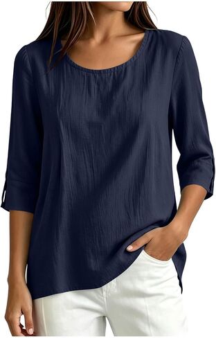 Womens Cotton Linen Shirts Round Neck Tab Rolled Up 3/4 Sleeve Tops Elegant Dressy Blouses Business Casual Outfits in Kuwait
