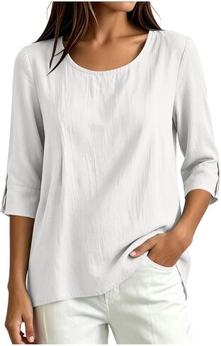 Womens Cotton Linen Shirts Round Neck Tab Rolled Up 3/4 Sleeve Tops Elegant Dressy Blouses Business Casual Outfits in Kuwait