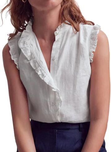 Meiyi station Women's Sleeveless Linen Cotton Button Down Shirts Ruffle Trim Business Casual Work Blouses Summer Tank Tops in Saudi Arabia