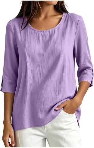 Womens Cotton Linen Shirts Round Neck Tab Rolled Up 3/4 Sleeve Tops Elegant Dressy Blouses Business Casual Outfits in Kuwait