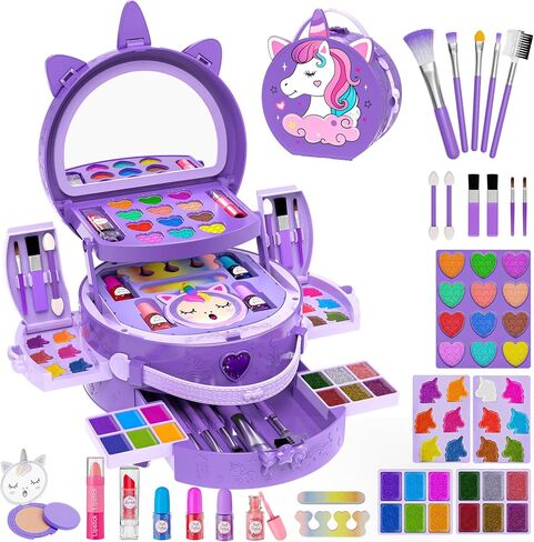 54 Pcs Kids Makeup Kit for Girls, Princess Real Washable Pretend Play Cosmetic Set Toys with Mirror, Non-Toxic & Safe, Birthday Gifts for 3 4 5 6 7 8 9 10 Years Old Girls Kids (Purple) in Kuwait