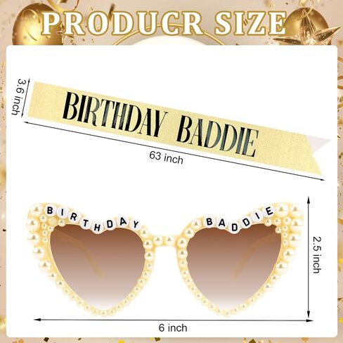 CUBACO Birthday Baddie Sash and Sunglasses for Women, Birthday Girl Outfit Suitable 21st 25th 30th 40th 50th 60th Women Accessories Pins for Party Decoration Favors Supplies in Saudi Arabia