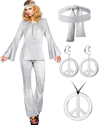 Haysandy 70s Outfit Women Disco Hippie Costume Accessories Pink Peace Disco Bottom Pants for Carnival Halloween Cosplay in Kuwait