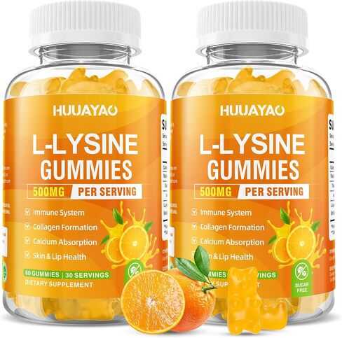 L-Lysine Gummies 500mg, Lysine Gummies Supplement for Immune Support & Skin Health, Collagen Formation Support, Vegan, Gluten Free Chewable Supplement for Adults & Kids, Orange Flavor, 60 Count in Saudi Arabia