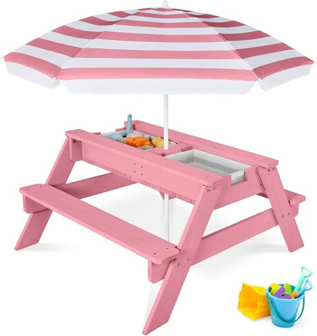 Best Choice Products Kids 3-in-1 Sand & Water Table, Wood Outdoor Convertible Picnic Table w/Umbrella, 2 Trays, Removable Top - Navy in Kuwait
