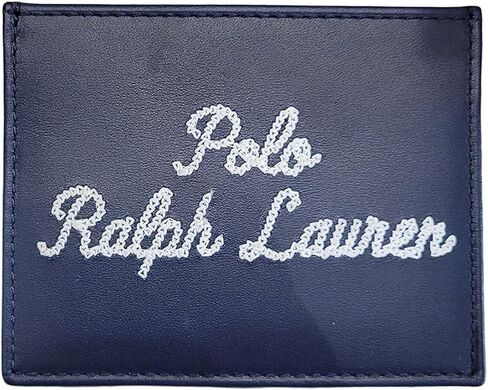 حافظة بطاقات جلدية للرجال من Polo Ralph Lauren – شعار نصي مطرز – محفظة صغيرة رفيعة – حامل جيب أمامي من الجلد الطبيعي – أزرق داكن – جاهزة للهدايا in Kuwait