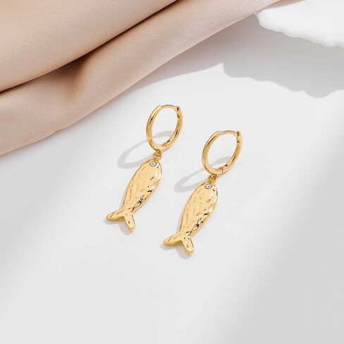 أقراط السمك للنساء بوهو مطروق الملمس الأسماك هوجي هوب قطرة استرخى أقراط 14K مطلية بالذهب البوهيمي شاطئ المحيط مجوهرات الصيف in Kuwait