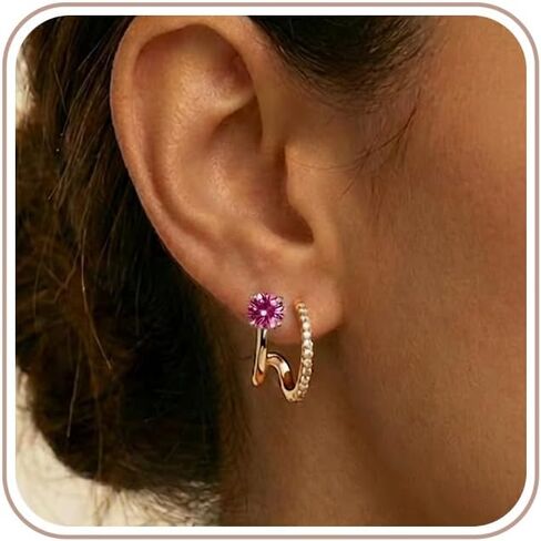 Stud Gold Hoop Earrings for Women, Dainty 14K Gold Plated Birthstone Emerald Zirconia Earring Hypoallergenic Lightweight Dangle Huggie Double Hoop Diamond Earrings Jewelry for Women Gifts in Saudi Arabia