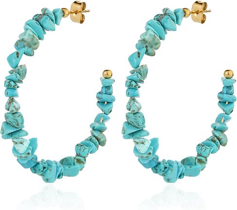 Natural Gemstone C Shaped Hoop Earrings 18k Gold Plated Stone Beaded Dangle Earring Hoop Jewelry Birthday Gift for Women in Kuwait