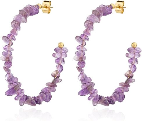 Natural Gemstone C Shaped Hoop Earrings 18k Gold Plated Stone Beaded Dangle Earring Hoop Jewelry Birthday Gift for Women in Kuwait