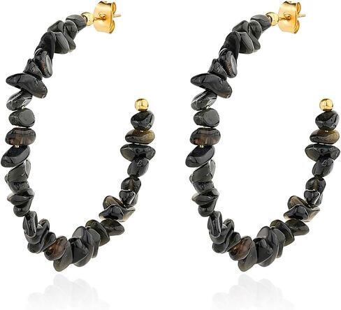 Natural Gemstone C Shaped Hoop Earrings 18k Gold Plated Stone Beaded Dangle Earring Hoop Jewelry Birthday Gift for Women in Kuwait