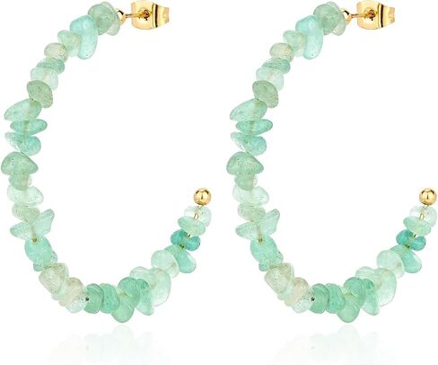 Natural Gemstone C Shaped Hoop Earrings 18k Gold Plated Stone Beaded Dangle Earring Hoop Jewelry Birthday Gift for Women in Kuwait