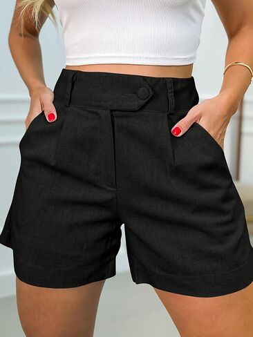 Women's High Waisted Wide Leg Shorts with Pockets, Casual Work Shorts for Daily Wear in Kuwait