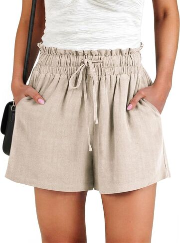 Women Drawstring Shorts Elastic Waist High Waist Shorts Wide Leg Summer Casual Beach Shorts with Pockets in Saudi Arabia