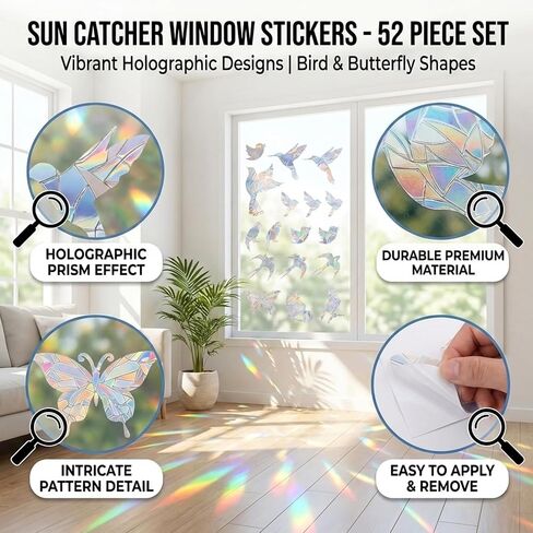 52PCS 5inch Sun Catcher Clings for Windows, Bird Window Strike Prevention, Window Decals to Prevent Bird Strikes, Transparent, Durable PVC Window Clings for Birds in Saudi Arabia
