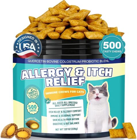 L-Lysine Chews for Cats 500 Chews, Bites Allergy & Immune Bites for Cats, with Colostrum & Omega-3s for Soothes Sneezing, Runny Nose & Itchy Skin, for All Ages & Breeds Cats in Saudi Arabia