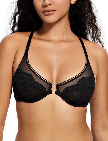 Deyllo Women's Lace Front Closure Bra Semi-Sheer Underwire Unlined Racerback Bra for Everyday in Saudi Arabia
