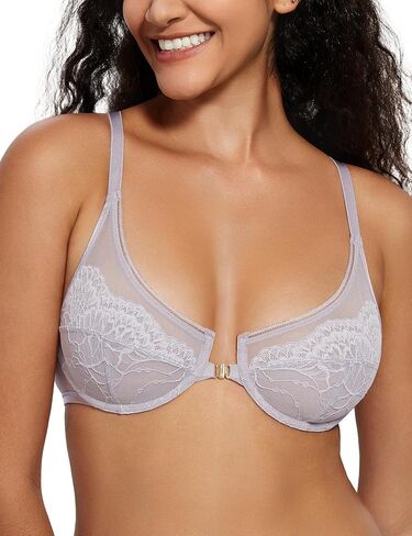 Deyllo Women's Lace Front Closure Bra Semi-Sheer Underwire Unlined Racerback Bra for Everyday in Saudi Arabia