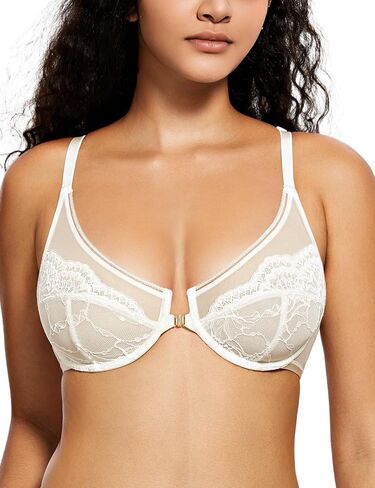 Deyllo Women's Lace Front Closure Bra Semi-Sheer Underwire Unlined Racerback Bra for Everyday in Saudi Arabia