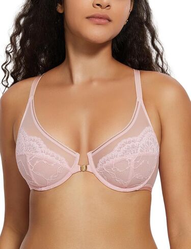 Deyllo Women's Lace Front Closure Bra Semi-Sheer Underwire Unlined Racerback Bra for Everyday in Saudi Arabia